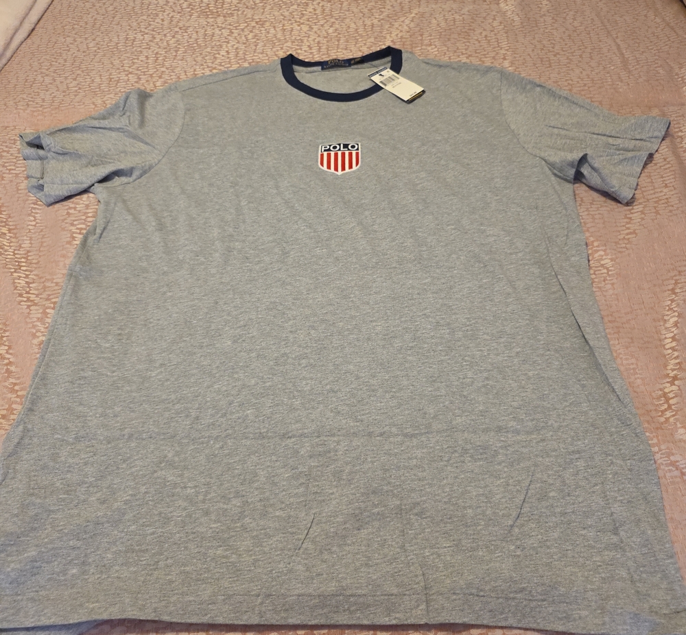 Polo by Ralph Lauren Light Heather Gray Tee with Navy Trim and Red Shield